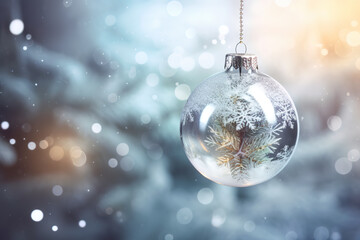 Fototapeta na wymiar Christmas bauble, ball with fir twigs and sparkling snow, AI generative Xmas greeting background with copy-space, place for text