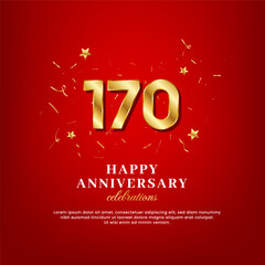 170 years of golden numbers, anniversary celebrating text, and anniversary congratulation text with golden confetti spread on a red background