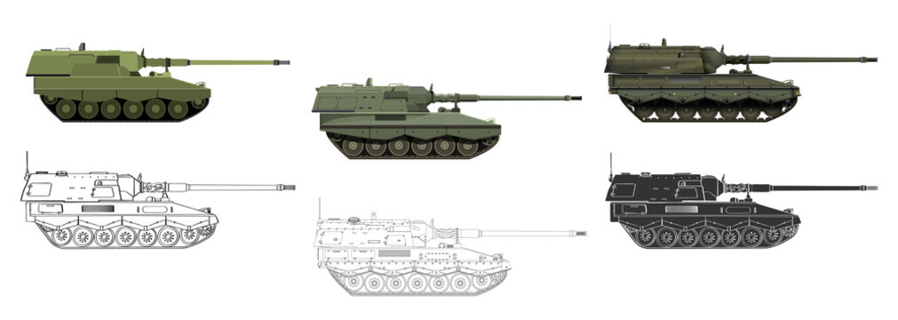 Artillery system SET. Self-propelled howitzer. German 155 mm Panzerhaubitze 2000. Military armored vehicle. Detailed colorful PNG illustration.