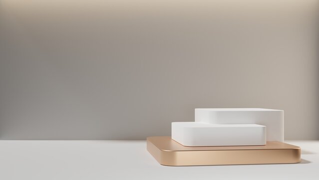 White empty podium or pedestal for product presentation on three floors, showcase of beauty and cosmetics product. Square mockup platform on white background. 3d rendering