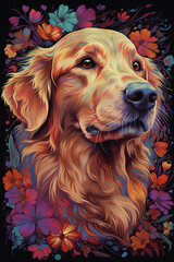 Portrait of Golden Retriever Dog in Colorful Psychedelic Style. Generative ai