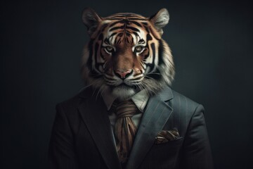 Anthropomorphic Tiger dressed in a suit like a businessman. Business Concept. AI generated, human enhanced