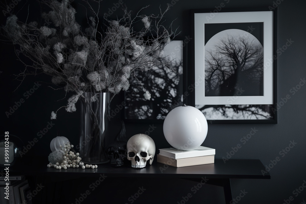 Poster a table with a vase of flowers and a skull on it. ai generative.