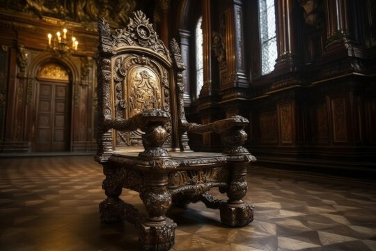 Majestic throne in the castle hall. AI generated, human enhanced