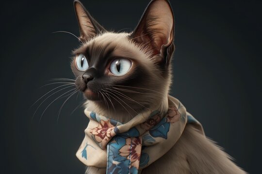 Anthropomorphic cat Siamese dressed in human clothing. humanized animal concept. AI generated, human enhanced