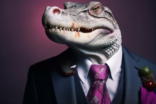 Anthropomorphic crocodile dressed in a suit like a businessman. business concept. AI generated, human enhanced