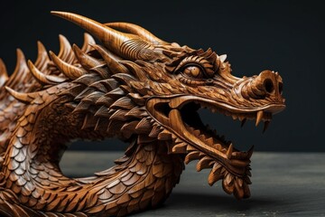 Dragon carved from mahogany wood. AI generated, human enhanced