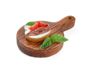 Delicious sandwich with cream cheese, anchovy, tomatoes and basil on white background
