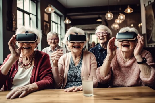 Pensioners in virtual reality glasses. VR concept. AI generated, human enhanced
