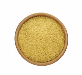 Bowl of raw couscous isolated on white, top view