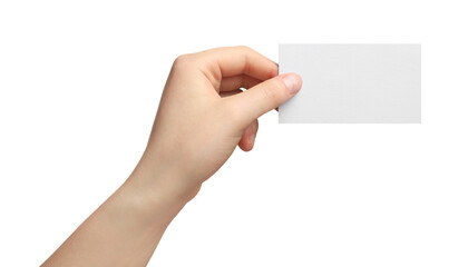 Woman holding blank gift card on white background, closeup