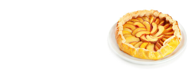 Plate with delicious peach pie on white background. Banner design with space for text