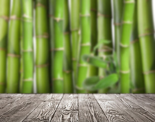 Empty wooden surface against blurred green bamboo stems. Space for design