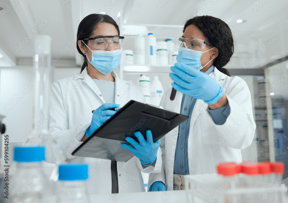 Poster this sample seems to be tainted. two scientists reviewing a sample together while taking notes.
