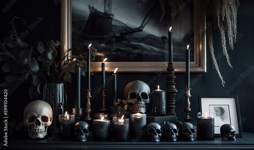 Poster a table topped with candles and skulls next to a picture. ai generative.