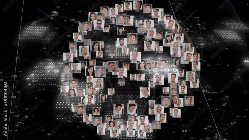 Poster animation of globe with photos and connections and data processing
