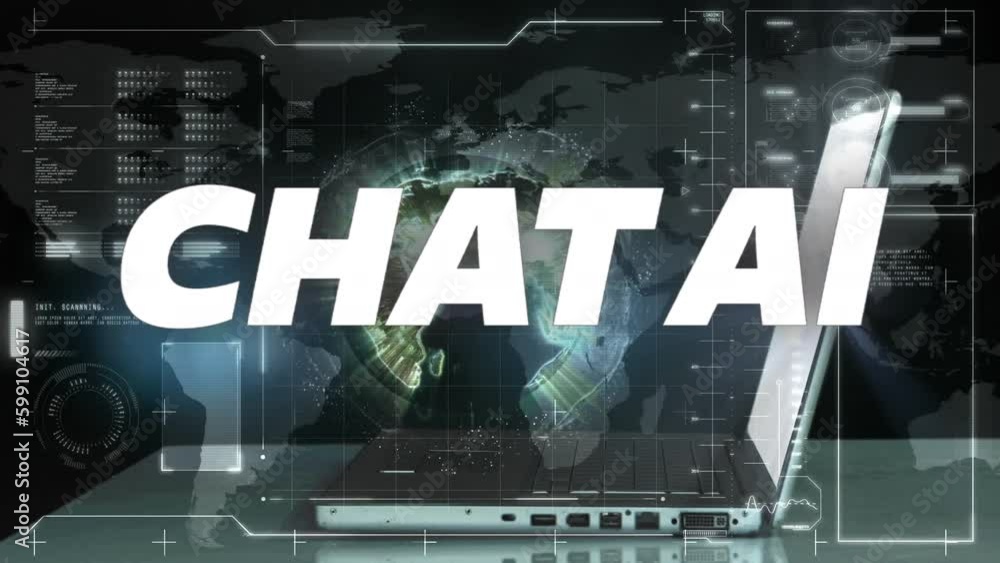 Poster animation of artificial intelligence text and data processing over computer