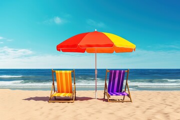 two colorful wooden chairs on the beach with beach umbrella