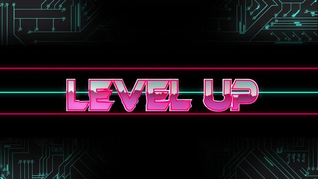 Animation of level up over neon lines and computer circuit board