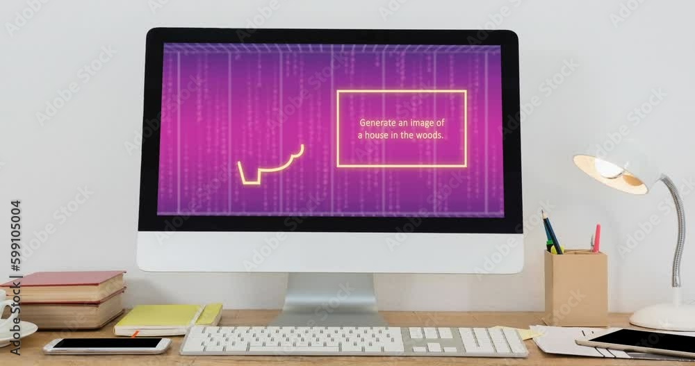 Poster animation of artificial intelligence icon, text and data processing over computer screen