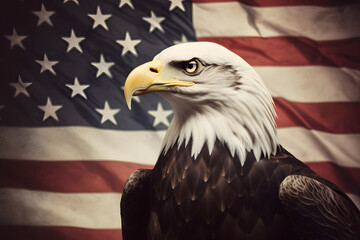 Bald eagle on American flag background, Generative AI
