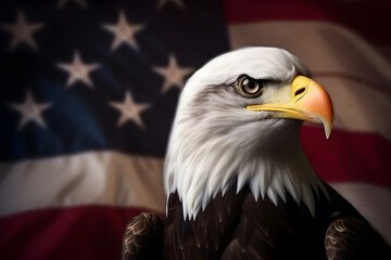 Bald eagle on American flag background, Generative AI