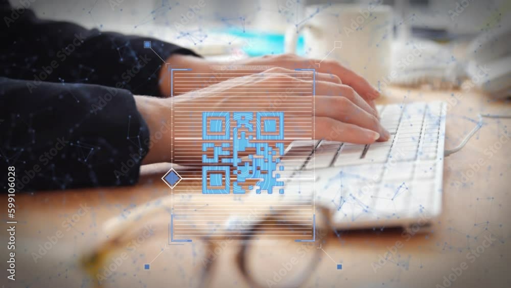 Poster animation of qr code and shapes over caucasian woman using computer
