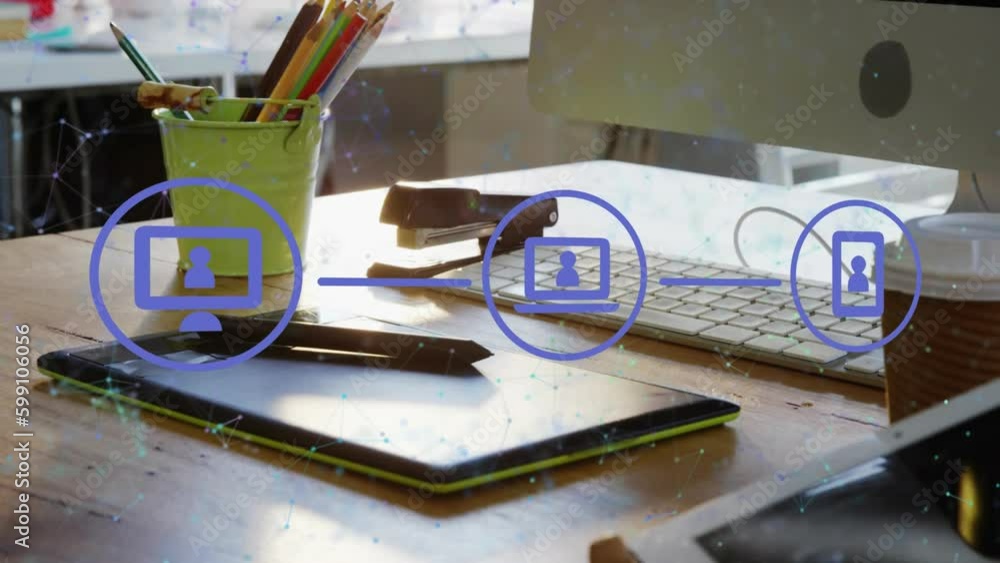 Poster animation of media icons and shapes over computer on table in office