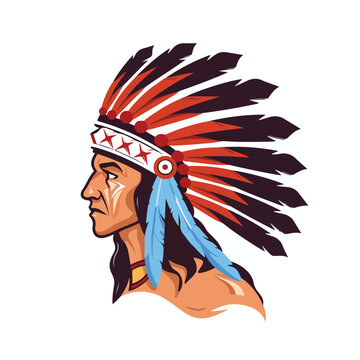 Vector illustration of aborogin apache native american indian face with feather hat traditional ethnic culture