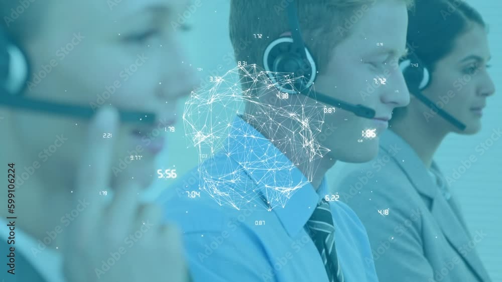 Poster animation of globe with data processing over diverse business people using phone headsets