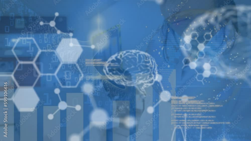 Poster animation of molecules, digital brains and computer language over biracial woman working on computer
