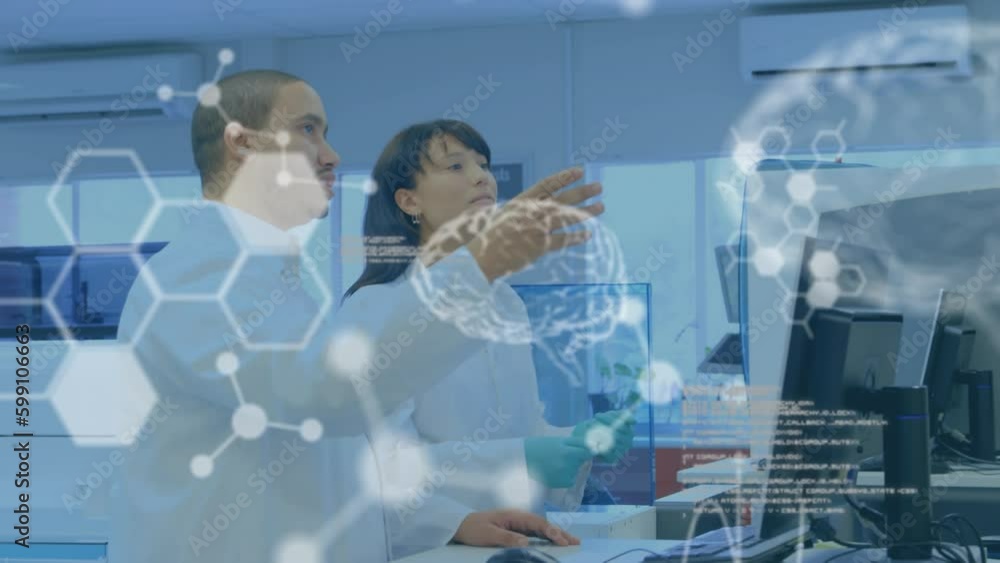 Poster animation of molecules structures, brain, computer language, diverse scientists discussing reports