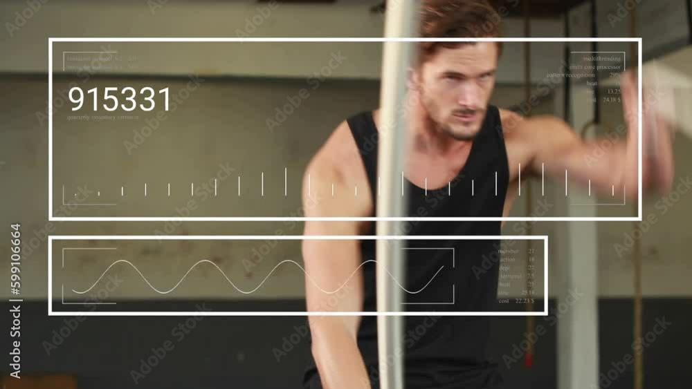 Poster animation of data processing against caucasian fit man performing exercise with ropes at the gym