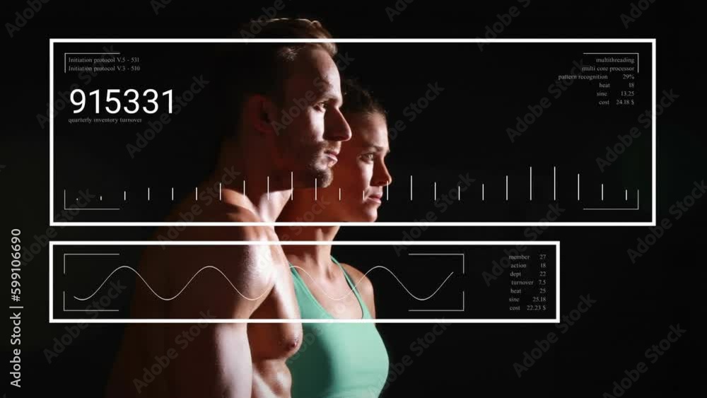 Poster animation of interface with data processing over caucasian fit couple against black background