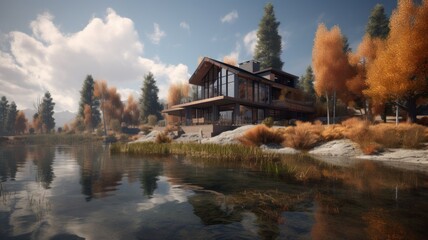 Fototapeta na wymiar Luxury modern villa on a lake in the nature. Generative AI illustration.