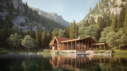 Obraz premium Beautiful modern wooden cottage villa by a lake surrounded by trees in the mountains. Generative AI illustration.