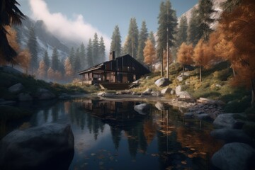 Fototapeta premium Beautiful luxury modern house by a lake in the forest and the mountains. Generative AI illustration.