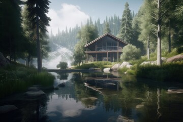 Obraz premium Beautiful rustic modern house by the river in the forest. Generative AI illustration.