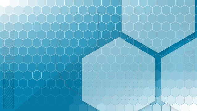 Animation of hexagonal shapes pattern design over abstract shapes on blue background