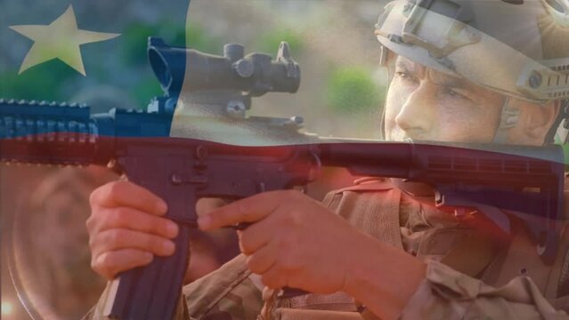 Animation of flag of chile over caucasian male soldier aiming with rifle