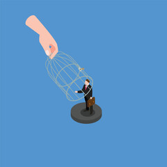 Giant hand capturing businessman with birdcage isometric 3d vector illustration concept for banner, website, illustration, landing page, flyer, etc.