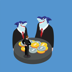 Business man try to make a deal with shark investors isometric 3d vector illustration concept for banner, website, illustration, landing page, flyer, etc.