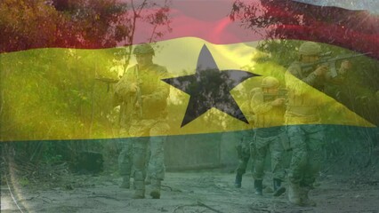 Animation of flag of ghana over diverse male soldiers walking with weapon - Powered by Adobe