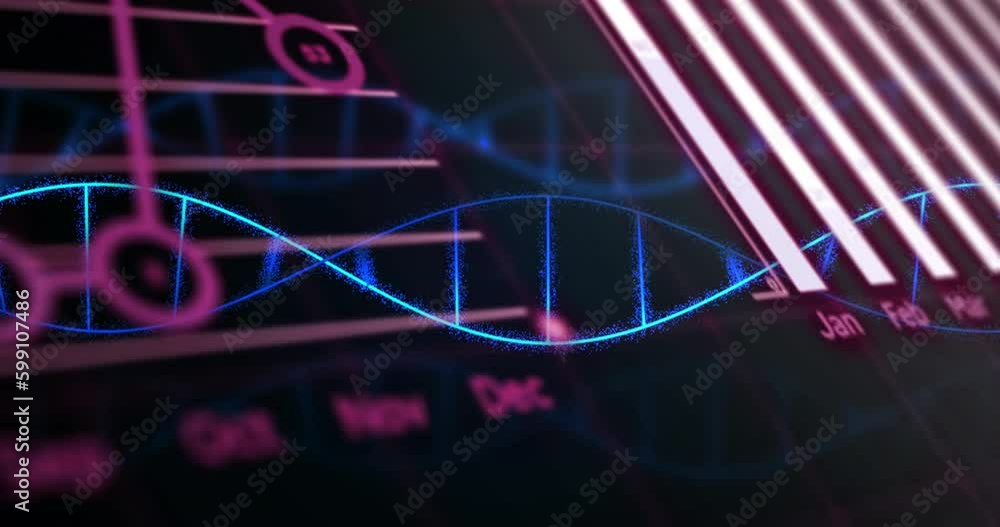 Poster animation of spinning dna structure over statistical data processing against black background