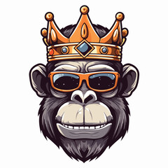 Vector illustration of cool gorilla monkey king smile wearing crown and glasses