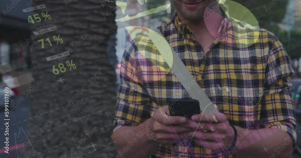 Poster animation of infographic interface over caucasian man with bicycle using cellphone
