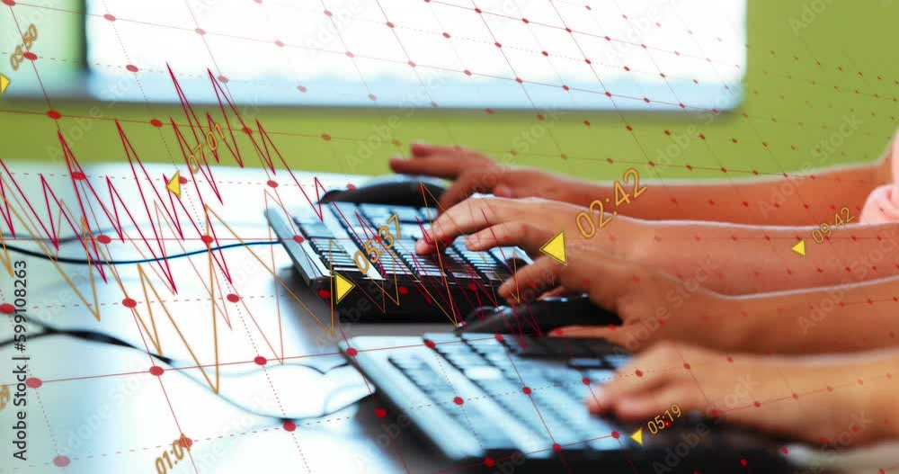 Poster animation of data processing against mid section of kids using computer at school