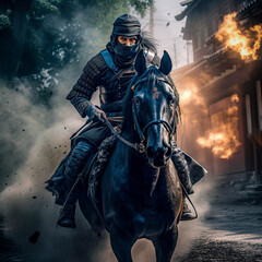 Naklejka premium 煙の中を馬で駆け抜ける忍者 A ninja riding a horse through the smoke \ Generative AI