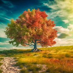 秋の日の壮大な木の風景　Magnificent tree landscape on an autumn day　|　Generative AI - obrazy, fototapety, plakaty