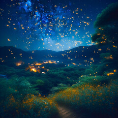 Fototapeta na wymiar 夏の夜空と蛍　summer night sky and fireflies　|　Generative AI